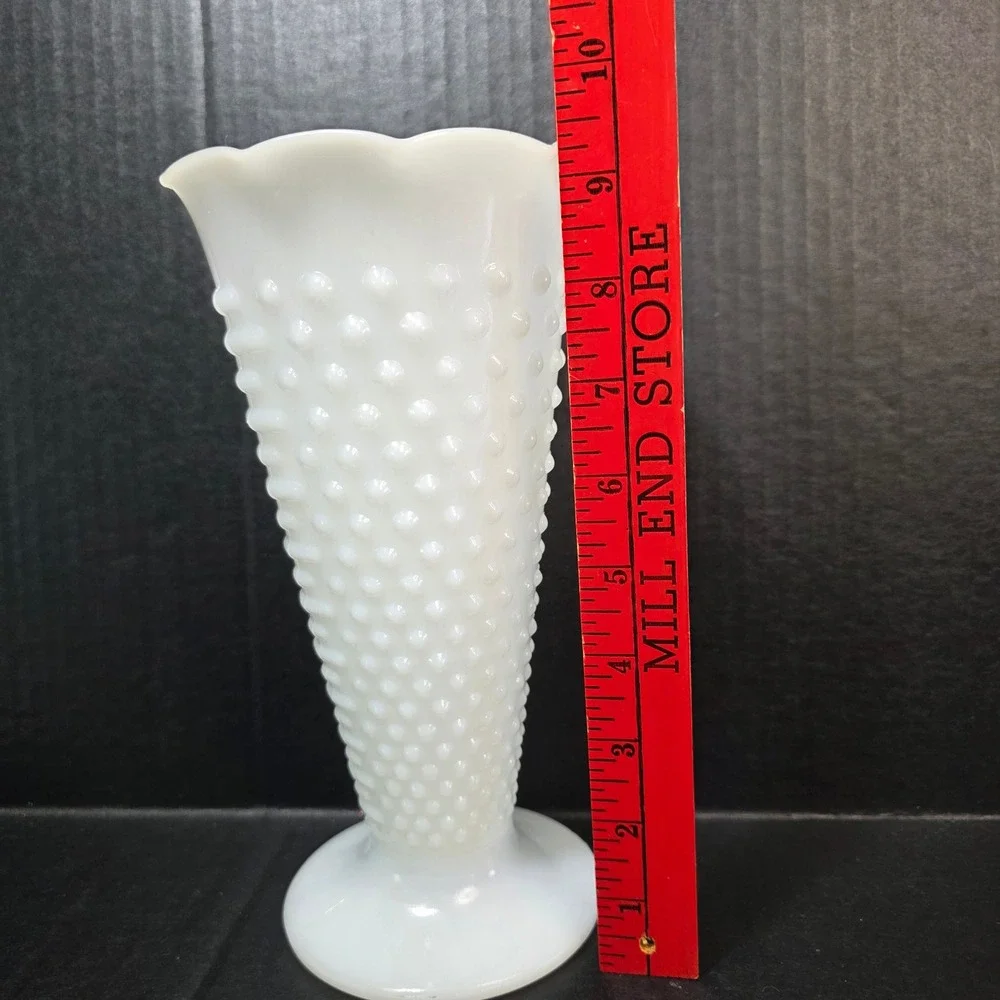 Hobnail Milk Glass Vase Scalloped Trumpet 9 Inch White Vintage Pedestal